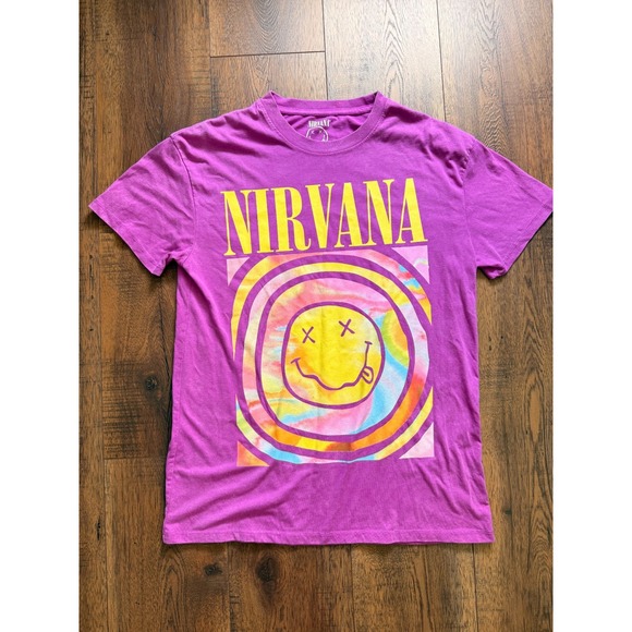 NIRVANA Tops - Nirvana Women's XXS Purple Tie Dye Smiley Face Graphic Band T-Shirt